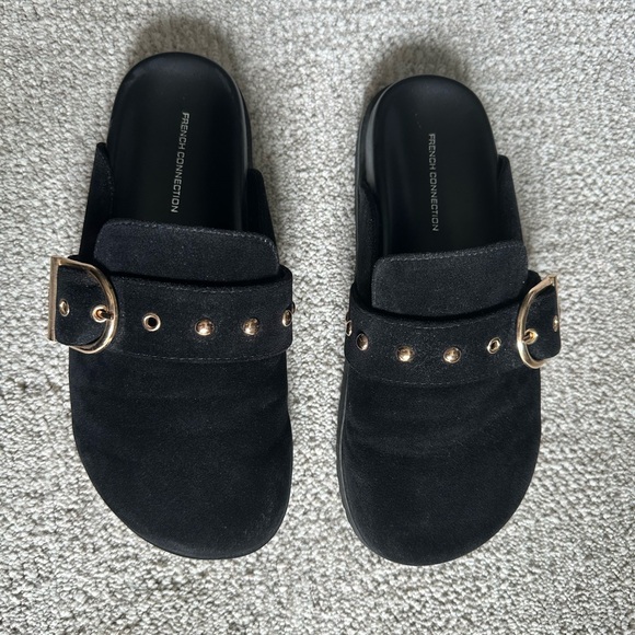 French Connection Black Faux Suede Clogs with Gold Buckle - Picture 1 of 7